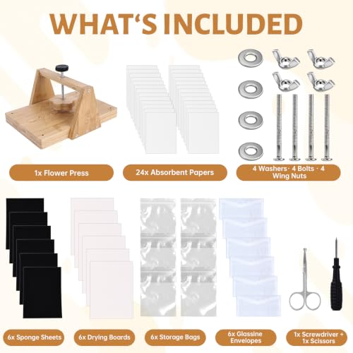 HomdMarket Spring Flower Press Kit - 12"x8" Wooden Press with 6 Layers & Even Pressure, Includes Tools & Archival Envelopes for Dried Flowers, Wedding, Resin Art
