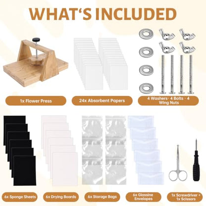 HomdMarket Spring Flower Press Kit - 12"x8" Wooden Press with 6 Layers & Even Pressure, Includes Tools & Archival Envelopes for Dried Flowers, Wedding, Resin Art