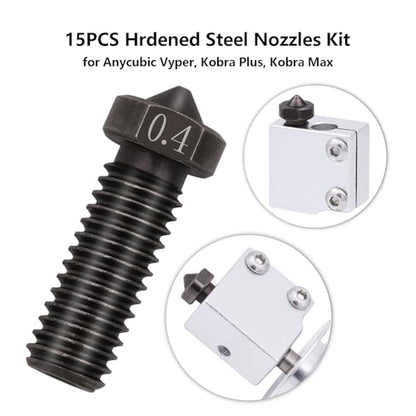15PCS Hardened Nozzles Kit for Anycubic Vyper, 3D Printer 7PCS 0.4mm Nozzles and 2PCS 0.2mm, 0.6mm, 0.8mm Wear Resistance Nozzles Kit for Anycubic Vyper, Kobra Plus, Kobra Max - style: Vyper Harden Steel Multi Size