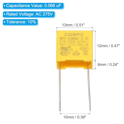 PATIKIL Safety Capacitors 12Pack 0.068uF AC 275/300/310V 10mm Pin Pitch - size: 10mm Pin Pitch, style: 0.068uF