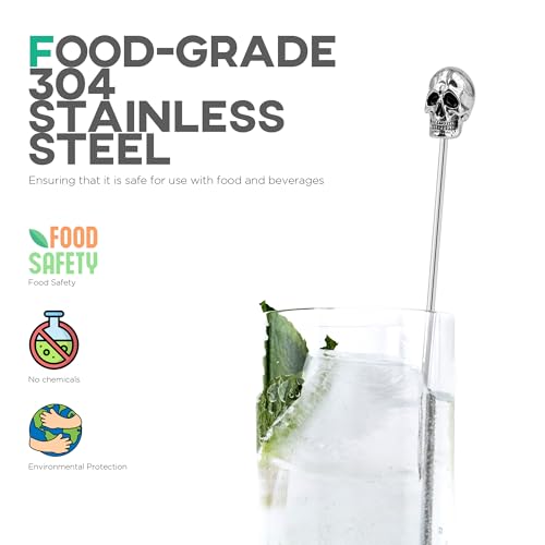 Homestia 6 Pcs 7.5'' Metal Stir Sticks, Cocktail Stirrers, Skull Halloween - color: Skull Series Silver