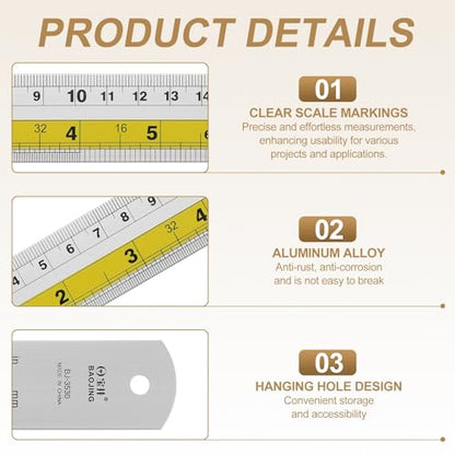 HARFINGTON 4pcs Metal Straight Ruler 20cm Metric SAE Aluminum Alloy Measuring Rulers Scale Tool with Hole for Measure Study Reading Classroom Office, Yellow - color: Yellow, size: 20cm