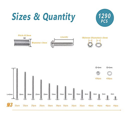 KADRICK 1290PCS Stainless Steel M3 Screw Aassortment Kit,Length 4mm to 40mm - size: SS M3 1290Pcs 4-40mm