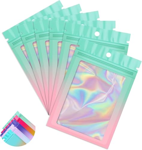 100 Pack Mylar Holographic Bags,Clear Window Foil Bag Seal Pouch Resealable Baggie with Zipper,Packaging Bag for Food Storage,Lash,Jewelry,Business Supplies-Green Pink 3.5x6.3in - color: Green Pink, size: 3.5x6.3 Inch