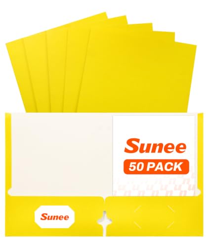SUNEE Folders with Pockets 3 Hole Punched(50 Pack, Yellow), 2 Pocket Folders Fit Letter Size Paper, Paper File Folder for School Office Home Business - color: Yellow
