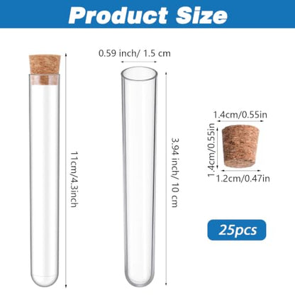 25Pcs Clear Plastic Test Tubes with Cork Stoppers, 15 * 100mm (10ml)