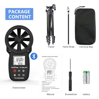 HoldPeak Handheld Anemometer Bluetooth with Tripod, Digital Wind Speed Gauge Meter, Air Flow Velocity Temperature CFM Measuring Device for HVAC Outdoor Sailing Shooting Golf, 866B-APP
