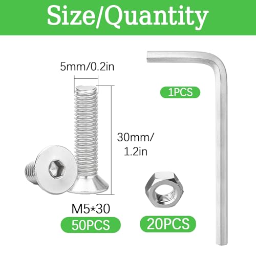 70Pcs M5x30mm Stainless Steel Flat Head Socket Cap Screws, Full Thread Allen Drive Countersunk Bolts, Bright Finish, Ideal for DIY & Home Repair - size: M5x30