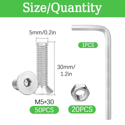 70Pcs M5x30mm Stainless Steel Flat Head Socket Cap Screws, Full Thread Allen Drive Countersunk Bolts, Bright Finish, Ideal for DIY & Home Repair - size: M5x30