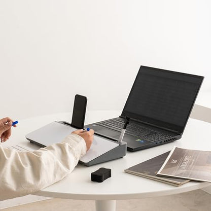 GAROOD Desktop Dry Erase Board with Storage (Grey Base) Desk Desk Board Glass Desktop White Board with Stand Home Office Organizer Phone Holder 15.8X7X2 inches - color: Grey Base + Whiteboard