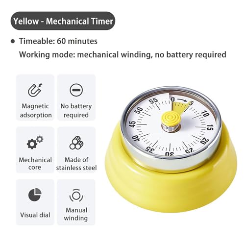 Elegant Stainless Steel Vintage Kitchen Timer with Magnetic Attachment - 60-Minute Countdown & Audible Alarm, Perfect for Cooking, Office Tasks, and Study Sessions (01-Yellow) - color: 01-yellow