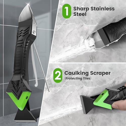 Goopreen 5 in 1 Caulking Tool Silicone Caulking Grout Removal Sealant Finishing Tool with Stainless Steel Head, 6 Replaceable Pads, Gap Seam Repair Kit for Kitchen Bathroom Sink Toilet Caulking - color: Green