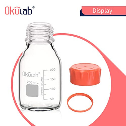 6pcs of 250ml(8.5oz) Round Media Storage Bottles, 3.3 Borosilicate Glass, with GL45 Screw Caps in PP Materia, GL45RB250B6 - style: 6pcs of 250ml