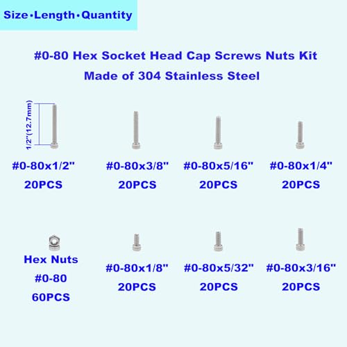 #0-80 304 Stainless Steel Hex Knurled Socket Head Cap Screw & Nut Kit - size: #0-80