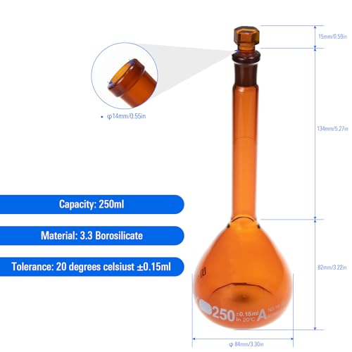 2PCS 250ML Volumetric Flask, Class A, Glass Stopper for Laboratory - color: Amber Glass, size: 250ML