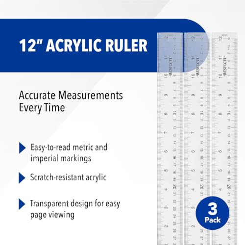 Westcott Acrylic Clear Ruler, Easy-to-Read Markings, Scratch-Resistant Design, Raised Beveled Edges, for Crafting, Office, Classroom, Back to School Supplies, 12-Inch