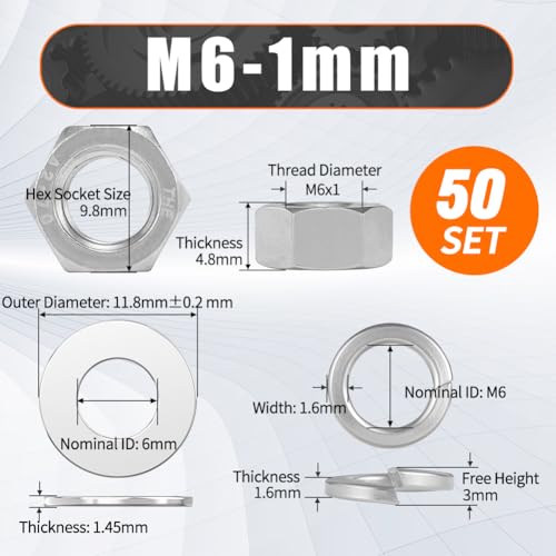 M6 Nuts and Washers Assortment Kit, Hex Nut Spring Washer Flat Washer - color: steel gray, size: Metric M6