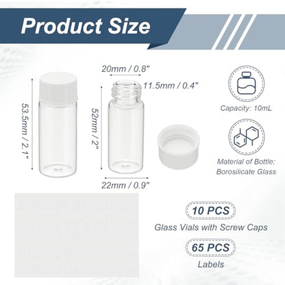 PATIKIL 10Pcs 10ml Clear Glass Vials Sample Vials with Screw Cap Reagent - size: 10ml