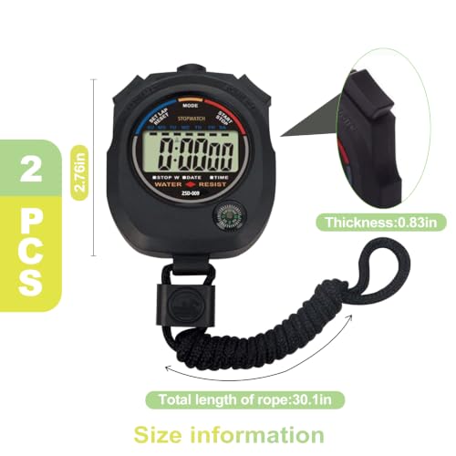 2 Pack Digital Stopwatch Timer with Large LCD Display Multi Function Handheld Sports Timer with Alarm Date Time Mode for Coaching Gym Fitness Running Referee Training Tool