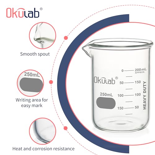 6pcs of 250mL Glass Beaker, Low Form, Graduated 3.3 Borosilicate Glass Beaker Set for Lab, Classroom, Craft, Kitchen,BKLG250B6 - style: Vol.250ml, Case of 6