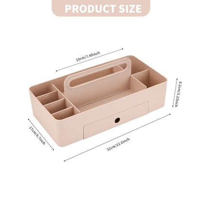 Multipurpose Caddy Organizer with Handle -8 Compartments and 1 small drawer - Art Craft Supplies, Office, Desk, Stationery Pen Holder, Makeup, Bathroom, Shower, Cleaning, Dorm Organizer - Pink