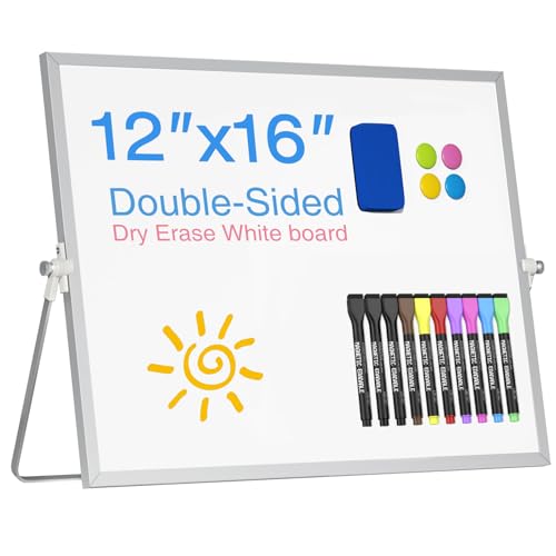 Magnetic Desktop Whiteboard with Stand, 16'' x 12'' Double-Sided Dry Erase White Board, 10 Markers, 4 Magnets, 1 Eraser, Portable White Board Easel for Adults Drawing Desk School to Do List - color: Silver Double Sided