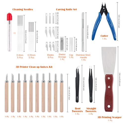 34 Piece 3D Printer Accessories Tool Kit Cleaning Needles, Tweezers, Pliers, Scarper, Clean up Knives, Carving Knife Come with Storage Case for Printing Removing, Cleaning, Finishing