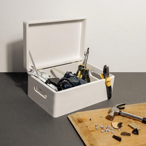 Creative Deco Large White Wooden Box Storage with Hinged Lid - color: White, size: L | Handles