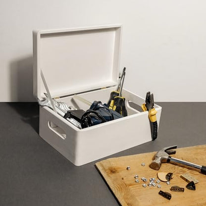 Creative Deco Large White Wooden Box Storage with Hinged Lid - color: White, size: L | Handles