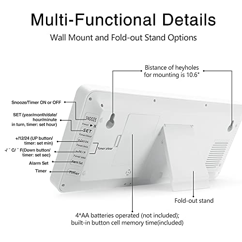 TXL 14.2" Large Digital Day Wall Clock, Custom 8 Languages Calendar, Count up-Down Timer and Temp Reminder, 12/24Hr Desktop Alarm Clock with Extra Large Display for Home Office Studio Hotel, White - color: White-14.2in