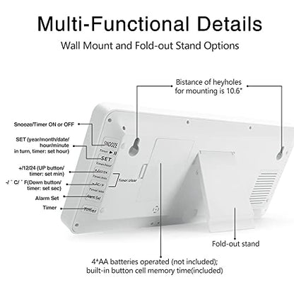 TXL 14.2" Large Digital Day Wall Clock, Custom 8 Languages Calendar, Count up-Down Timer and Temp Reminder, 12/24Hr Desktop Alarm Clock with Extra Large Display for Home Office Studio Hotel, White - color: White-14.2in