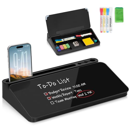 Small Desktop Glass Whiteboard with Storage, Desk White Board Stand Black - color: Black