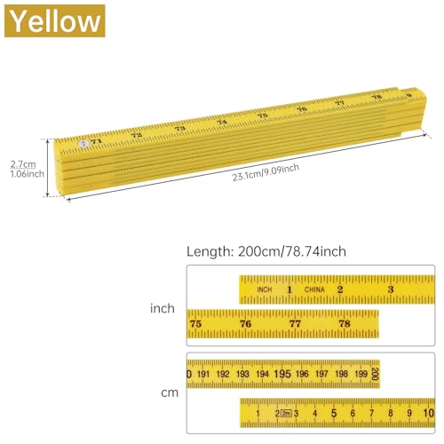 Folding Measuring Rule, Carpenter's Ruler, 2M / 78" Metric and Inch Measurements, Lightweight Composite Construction Ruler for Woodworking Tape (Yellow) - color: Yellow