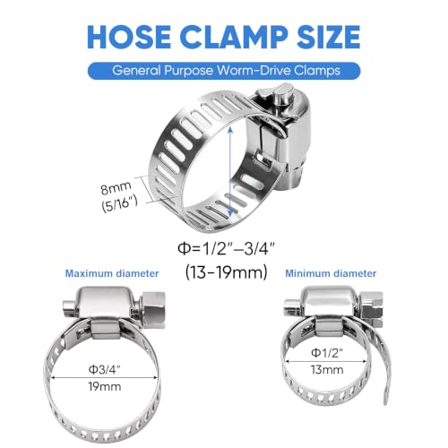 TICONN 24PCS Hose Clamps Set 304 Stainless Steel, 1/2"-3/4" Worm Gear - size: SAE #5 24PCS 1/2''~3/4"