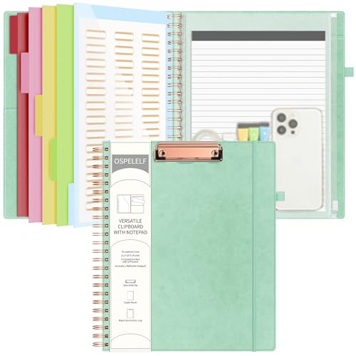 Ospelelf Leather Clipboard Folders with with Storage Zipper Pouch, Spiral Clipboard Folio with Notepad for Letter Size, 5 Folders with 10 Pockets, 39 Divider Label Stickers (Light Green) - color: Light Green