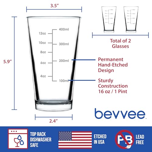 Bevvee Mixing Glass Measuring Cup Pint Glass Engraved - 16 oz - Set of 2 - style: Set of 2