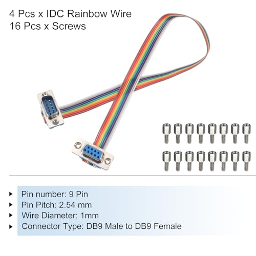 MECCANIXITY 4 Pcs IDC Rainbow Wire Flat Ribbon Cable DB9 Male to DB9 Female 11.8 Inch Length 2.54mm Pitch Breadboard Jumper Wires for Electronic Projects - size: 11.8 Inch, style: DB9 Male to DB9 Female