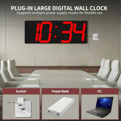 CHKOSDA 18.7‘’Large Digital Wall Clock,LED Digital Clock with Big Number,Multi-Function Remote Controlled Wall Clock with Timer, Alarm and Calendar Display(Red) - color: Red