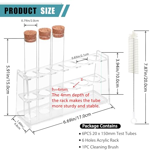 6pcs 30ml Glass Test Tube with Cork Stopper, 20x150mm Flat Bottom Storage Tube with Cap, 6 Holes Acrylic Rack, Plant Propagation Vase Set for Scientific Experiments Lab Candy Liquid Party Decor - size: 20 x 150mm