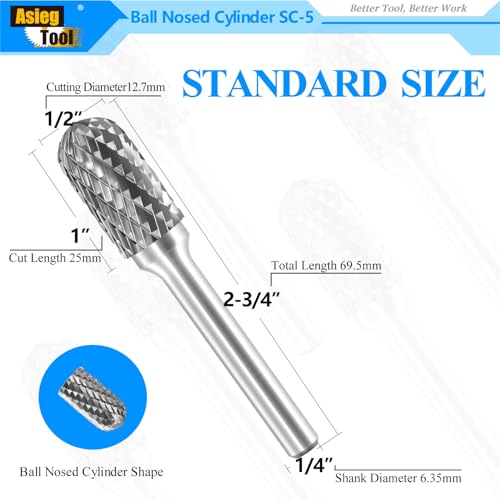 SC-5 Tungsten Carbide Burr Rotary File Cylindrical Shape with Radius End Double Cut with 1/4''Shank for Die Grinder Drill Bit - 10Pcs - style: 10pcs SC-5