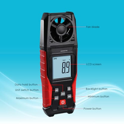 Digital Anemometer Handheld Wind Speed Meter – Measures Wind Speed in m/s, km/h, ft/min, mph, Knots & Air Temperature – Max/Min, Data Hold, Backlit Display – for HVAC, Sailing, Weather, Drone Flying