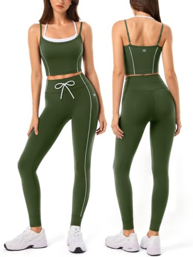 Workout Sets for Women, Drawstring Seamless Leggings with Workout Tank Tops,2 Piece Outfits for Pilates,Gym,Yoga - color: Grn023, size: Medium