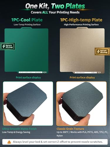 2 Packs Upgraded Cold Plate & Textured PEI Build Plate for Bambulab X2D/X1E/X1C/P2S/P1S/P1P/A1,257x257mm Double Sided Low-Temp Cool Plate + Textured PEI Powder Spring Steel Removable Printed Platform. - size: 257x257mm