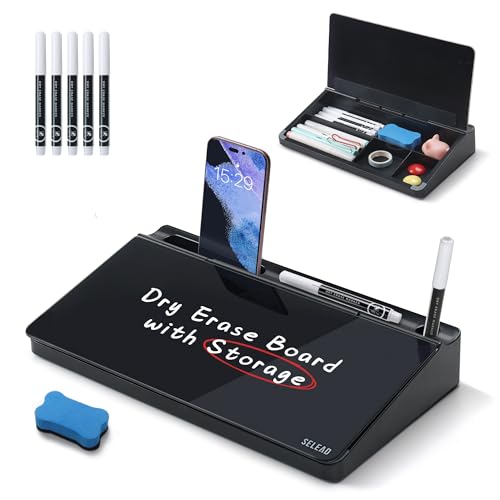 SELEAD Desktop Glass Whiteboard with Storage, 5 Markers and 1 Eraser, Black - color: Black, size: 12"x7"