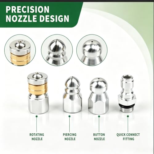 Sewer Jetter Nozzle Kit, 3 Pcs Stainless Steel Rotating Button Nose