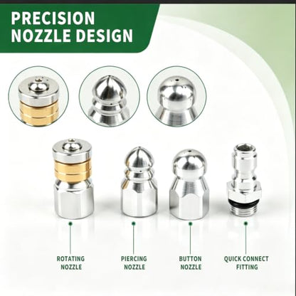 Sewer Jetter Nozzle Kit, 3 Pcs Stainless Steel Rotating Button Nose