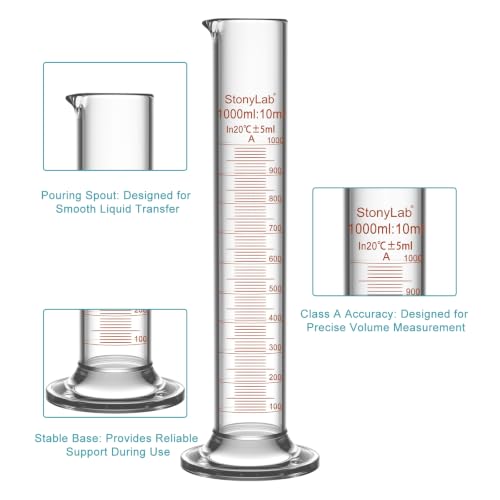 stonylab Class A Graduated Cylinder, 1000 ml Borosilicate Glass High Precision Measuring Cylinder with Clear Scale and Stable Base for Laboratory Liquid Measurement - size: 1000 ml