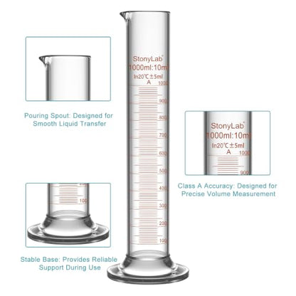 stonylab Class A Graduated Cylinder, 1000 ml Borosilicate Glass High Precision Measuring Cylinder with Clear Scale and Stable Base for Laboratory Liquid Measurement - size: 1000 ml