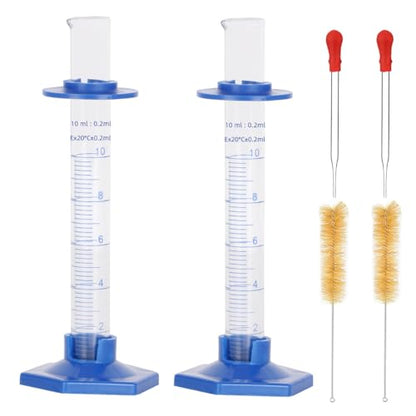 2Pcs 10ml Graduated Cylinder, Thick Glass Measuring Cylinder, with Anti-Falling Plastic Base and Bumper Guards, for Science Laboratory Measuring Liquid, Bring 2 Brushes and droppers - size: 10ml