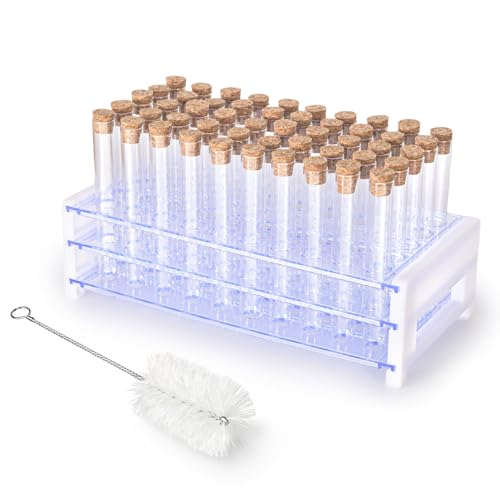 10ml 50pcs Clear Glass Test Tubes 16x100mm with Cork Stoppers and 1pcs 50Holes Plastic Tubes Rack for use in Laboratories, Plant Propagation, Parties, Bath Salts, Candy Storage - size: 16*100mmGlass Test Tube & Tube Rack Set